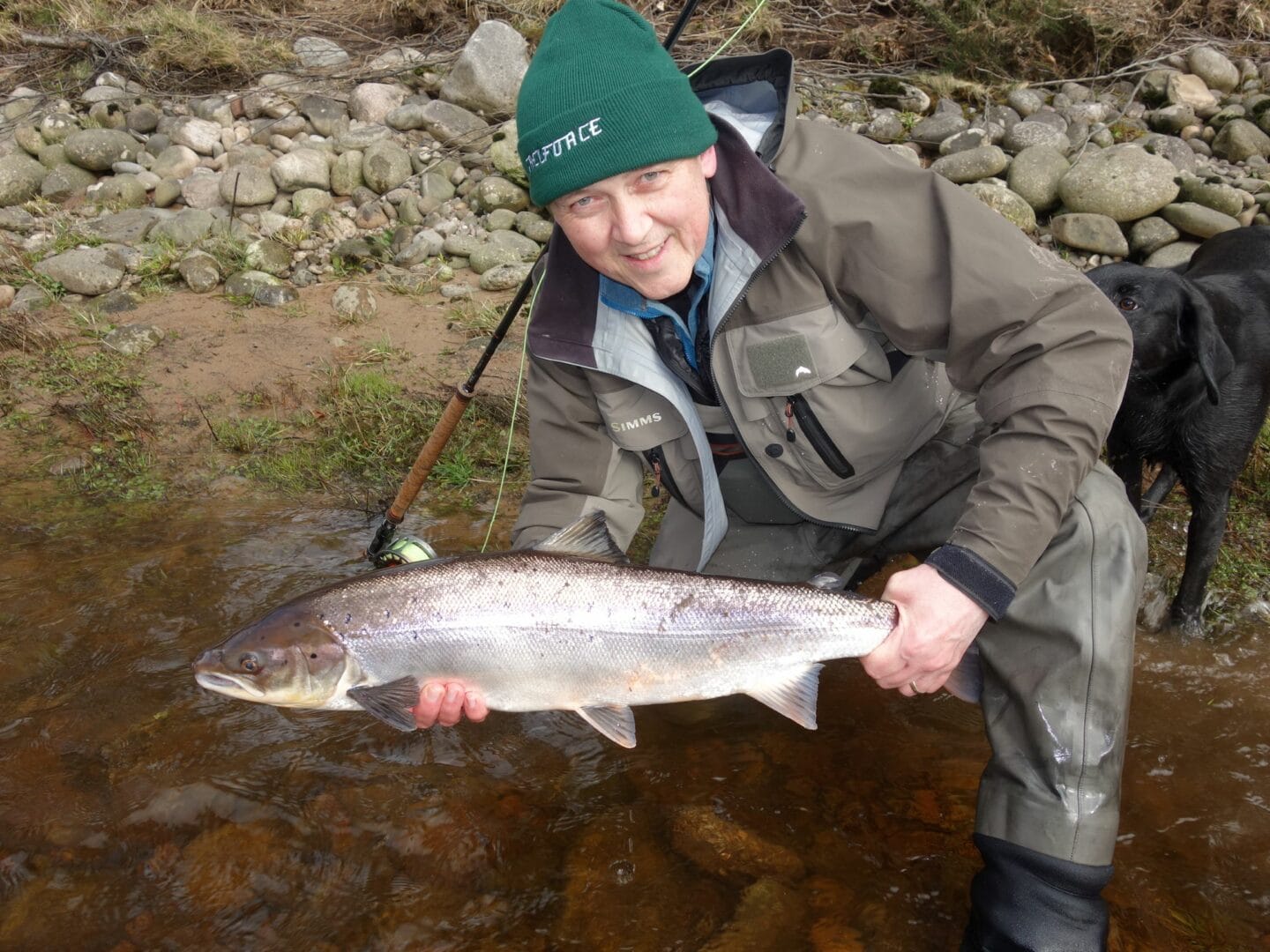 Leslie Tyson looking delighted with his first Spring salmon of the season of around 12lbs, Roan pool, Altyre Estate.