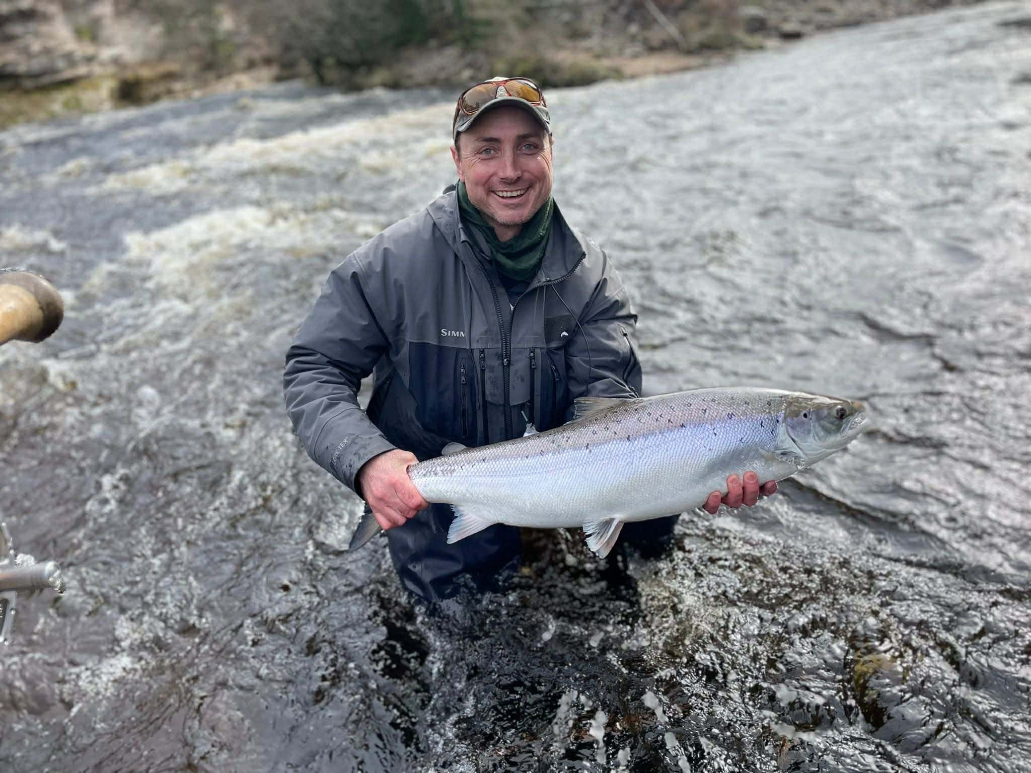 Tim Foster holding a 19 lb Spring salmon caught at Soldier's Hole pool on the River Findhorn, March 18th 2026